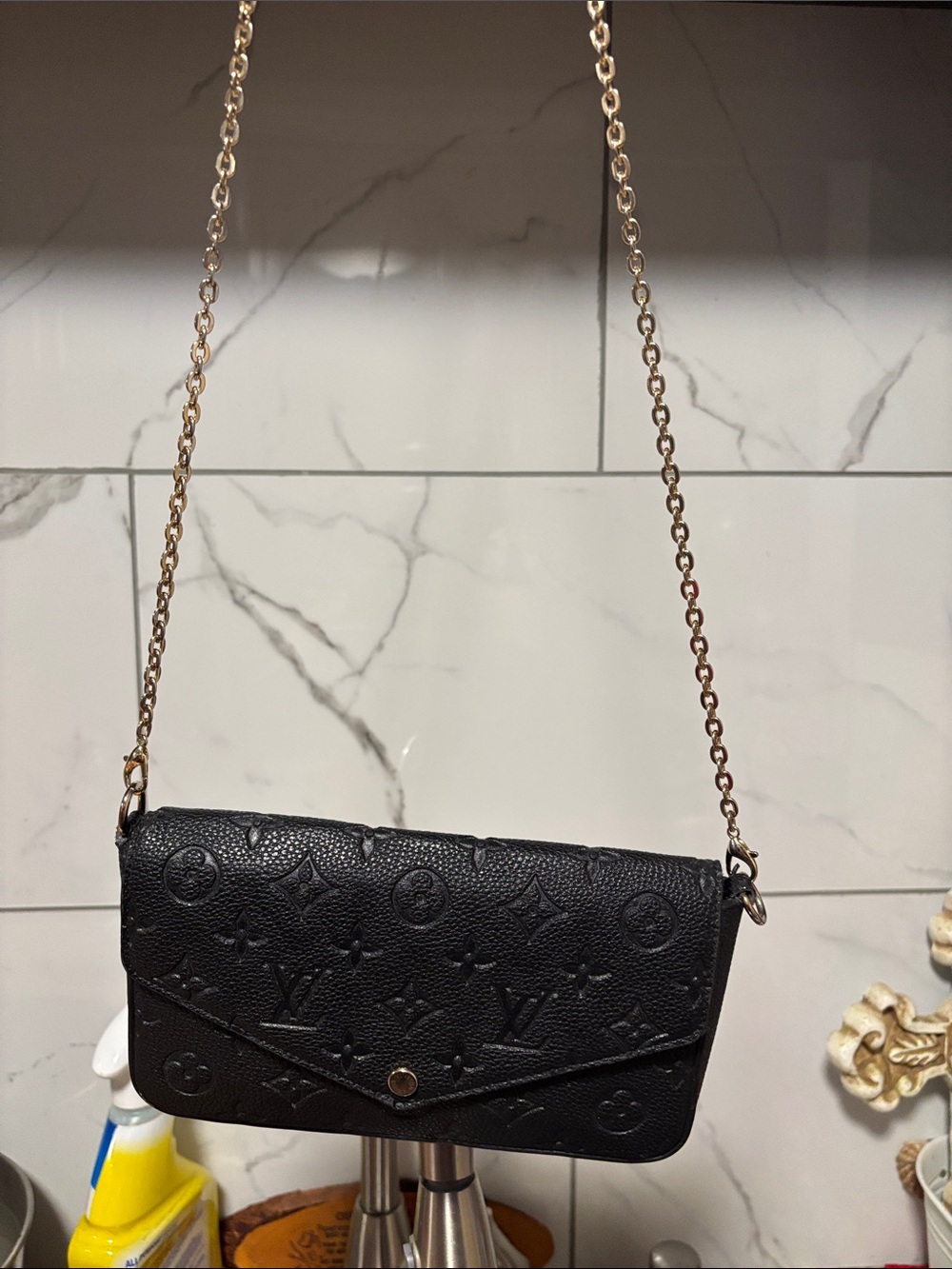 Black Embossed Leather Crossbody with Gold Chain Strap - NWOT